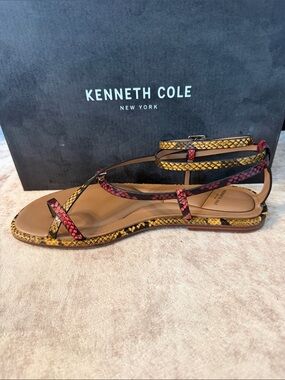 Kenneth Cole Paros Yellow & Red Snake-Print Strappy Flat Sandals